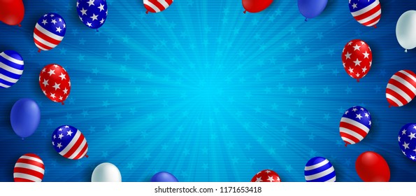 Blue color burst background poster flyer banner. American flag balloon vector design. Holiday celebration concept template.