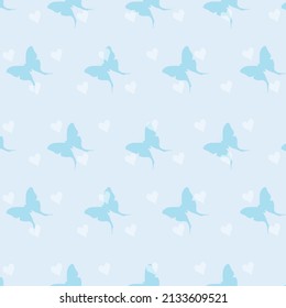 Patrones de mariposa de color azul sobre fondo azul con corazones blancos, vector