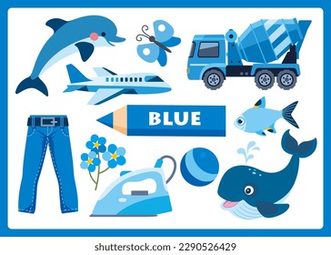 Ilustración de dibujos animados de color azul para aprender colores. Objetos de color azul claro para los niños: delfín, ballena, polilla, mariposa, flor olvidadiza, camión, avión, jeans, bola, hierro, pescado.