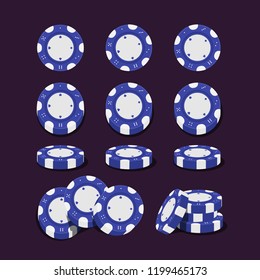 Blue Color Casino Chips with Different Rotate Position Set for Game, Vector Illustration Flat Design.