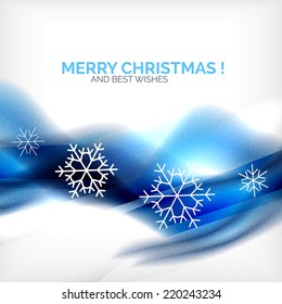 Blue Color Christmas blurred waves and snowflakes abstract background