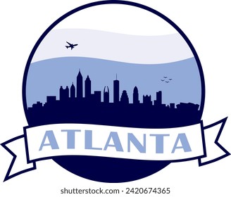 blue color city skyline of Atlanta Georgia inside circle graphic with wavy white and light blue cloudy sky background and waving scroll banner with text inside. Vector eps graphic design.