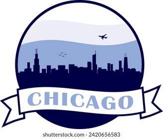 blue color city skyline of Chicago Illinois inside circle graphic with wavy white and light blue cloudy sky background and waving scroll banner with text inside. Vector eps graphic design.