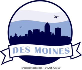 blaue Skyline der Stadt Des Moines Iowa im Innenkreis Grafik mit wavy weiß und hellblauer bewölkter Himmelshintergrund und schwenkbarem Scrollbanner mit Text im Inneren. Vektorgrafik-Design.