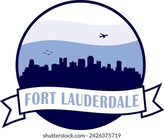 El color azul del horizonte de la ciudad de Fort Lauderdale Florida dentro del gráfico circular con blanco ondulado y azul claro cielo nublado fondo y ondulando el banner del pergamino con el texto dentro. Vector eps diseño gráfico.