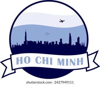 blue color city skyline of Ho Chi Minh Vietnam inside circle graphic with wavy white and light blue cloudy sky background and waving scroll banner with text inside. Vector eps graphic design.