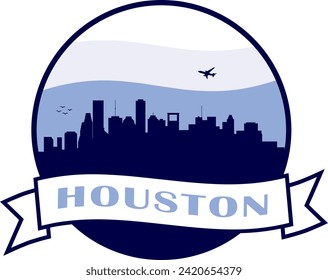 el horizonte de la ciudad de color azul de Houston Texas dentro del círculo gráfico con fondo azul celeste y blanco ondulado y azul claro del cielo y agitando banner de desplazamiento con texto dentro. Diseño gráfico de vectores.