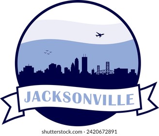 blaue Skyline der Stadt Jacksonville Florida im Kreis Grafik mit wavy weiß und hellblauer bewölkter Himmelshintergrund und schwenkbarem Scrollbanner mit Text innen. Vektorgrafik-Design.