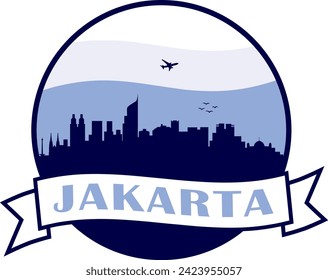 blue color city skyline of Jakarta Indonesia inside circle graphic with wavy white and light blue cloudy sky background and waving scroll banner with text inside. Vector eps graphic design.