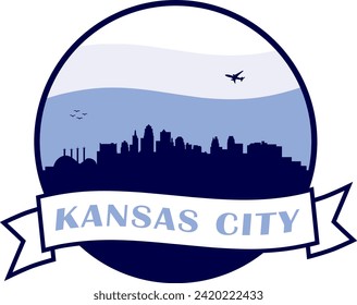 blue color city skyline of Kansas City Missouri inside circle graphic with wavy white and light blue cloudy sky background and waving scroll banner with text inside. Vector eps graphic design.