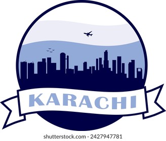 blue color city skyline of Karachi Pakistan inside circle graphic with wavy white and light blue cloudy sky background and waving scroll banner with text inside. Vector eps graphic design.