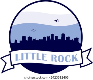 blue color city skyline of Little Rock Arkansas inside circle graphic with wavy white and light blue cloudy sky background and waving scroll banner with text inside. Vector eps graphic design.