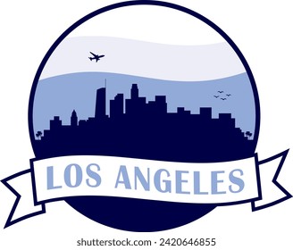 el horizonte de la ciudad de color azul de Los Angeles California dentro de la imagen de círculo con fondo de cielo ondulado blanco y azul claro y agitando banner de desplazamiento con texto dentro. Diseño gráfico de vectores.