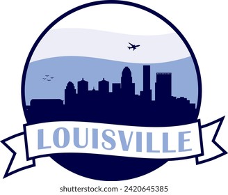 Blue color city skyline of Louisville Kentucky inside circle graphic with wavy white and light blue cloudy sky background and waving scroll banner with text inside. Vector eps graphic design.