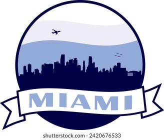 blue color city skyline of Miami Florida inside circle graphic with wavy white and light blue cloudy sky background and waving scroll banner with text inside. Vector eps graphic design.