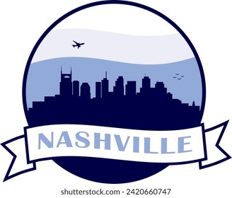 blue color city skyline of Nashville Tennessee inside circle graphic with wavy white and light blue cloudy sky background and waving scroll banner with text inside. Vector eps graphic design.