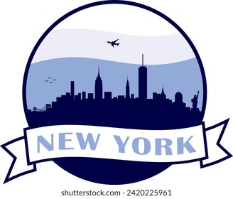 el horizonte de la ciudad de color azul de Nueva York dentro del círculo gráfico con fondo azul celeste y blanco ondulado y azul claro del cielo y agitando banner de desplazamiento con texto dentro. Diseño gráfico de vectores.