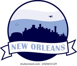 blue color city skyline of New Orleans Louisiana inside circle graphic with wavy white and light blue cloudy sky background and waving scroll banner with text inside. Vector eps graphic design.