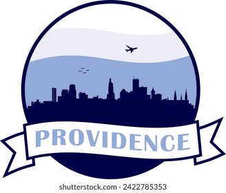 blue color city skyline of Providence Rhode Island inside circle graphic with wavy white and light blue cloudy sky background and waving scroll banner with text inside. Vector eps graphic design.