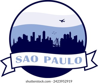 horizonte de ciudad de color azul de São Paulo Brasil dentro del círculo gráfico con fondo de cielo ondulado blanco y azul claro y agitando banner de desplazamiento con texto dentro. Diseño gráfico de vectores.