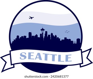 blaue Skyline der Stadt Seattle Washington in Kreisgrafik mit wavy weiß und hellblauer bewölkter Himmelshintergrund und schwenkbarem Scrollbanner mit Text innen. Vektorgrafik-Design.