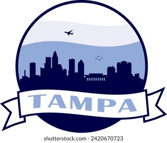 blue color city skyline of Tampa Florida inside circle graphic with wavy white and light blue cloudy sky background and waving scroll banner with text inside. Vector eps graphic design.