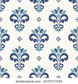 Blue color classic floral damask pattern. Vector classic chintz floral motif seamless pattern. Classic floral damask pattern use for fabric, textile, home decoration elements, upholstery, etc.