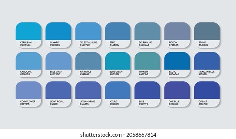 Blue Color Code Guide Palette with Color Names. Catalog Samples Blue with RGB HEX codes and Names. Metal Colors Palette Vector, Wood and Plastic Blue Color Palette, Fashion Trend Blue Color Palette