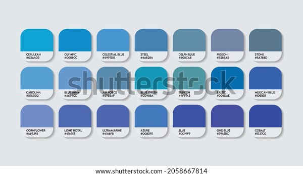 Blue Color Code Guide Palette with Color Names.\
Catalog Samples Blue with RGB HEX codes and Names. Metal Colors\
Palette Vector, Wood and Plastic Blue Color Palette, Fashion Trend\
Blue Color Palette