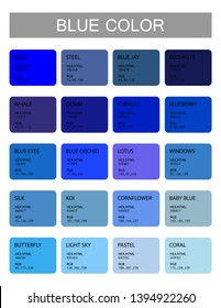 Blue. Color codes and names. Selection of colors for design, interior and illustration. Poster
