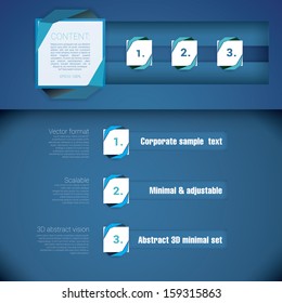 Blue color composed edition of a scalable  abstract geometric minimal simple menu  composition brochure elements set for web, print or for universal use with rectangles, paper art origami ornaments 