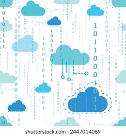 Blue color computing concept Technology Seamless Pattern on white background. Data cloud and computing endless design. 1, 0 programing concept.