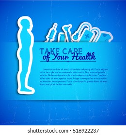 Blue color concept with text field medical tools and human body silhouette flat vector illustration