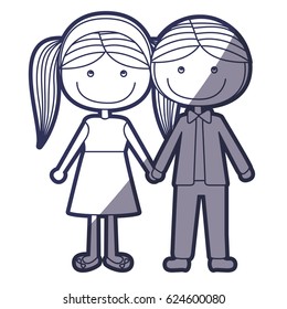 blue color contour caricature boy with formal suit and girl pigtails hairstyle with taken hands vector illustration