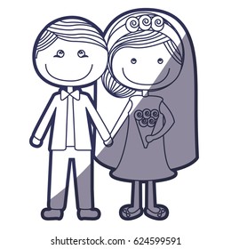 blue color contour caricature groom with formal suit and bride with collected hairstyle vector illustration