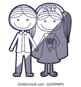 blue color contour caricature groom with formal suit and bride with pigtails vector illustration