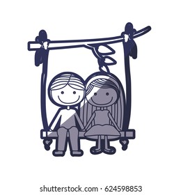 blue color contour caricature guy in formal suit and girl with long hair sit in swing hanging from a branch vector illustration