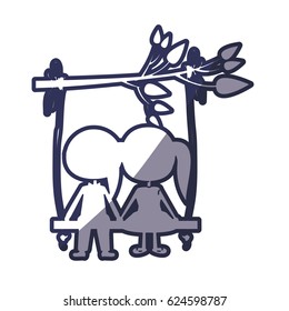 blue color contour caricature male and female sit in swing hanging from a branch vector illustration