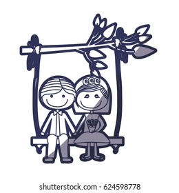 blue color contour caricature married couple in love sit in swing hanging from a branch vector illustration