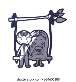 blue color contour caricature married couple sit in swing hanging from a branch vector illustration