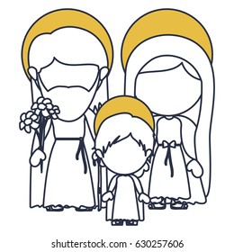 blue color contour of faceless image of sacred family with baby jesus and yellow aura vector illustration