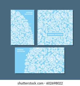 Blue color decorative greeting cards set. Hand drawn lace like pattern with folk style tree and birds. Elegant vector illustration for print, wedding invitation, poster.
