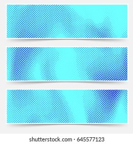 Blue color distressed dotted overlay card collection templates. Three minimalistic vintage style blue grain halftone particle background layout. Vector illustration