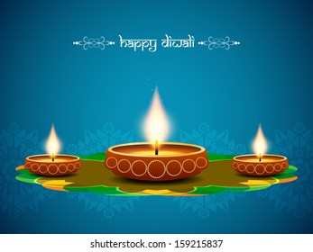 Blue color elegant background design for diwali festival with beautiful lamp. 