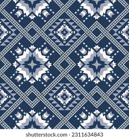 Patrón geométrico étnico de color azul. La forma cuadrada geométrica de origen vectorial se solapa en forma de patrón transparente. Color azul étnico para uso de tela, textil, papel pintado, cojín, tapicería, envoltura.