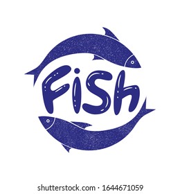 Blue color fish circular logo with two fish and lettering. Vector illustration in flat style with grainy texture.