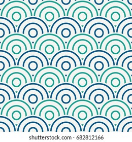 Blue color fish scale wallpaper. Asian traditional ornament with repeated scallops. Seamless surface pattern with semicircles. Sea wave motif. Digital paper. Vector illustration