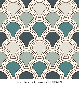 Blue color fish scale wallpaper. Asian traditional ornament with repeated scallops. Seamless surface pattern with semicircles. Grid motif. Digital paper. Vector illustration