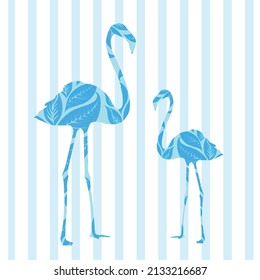 Blue color flamingo patterns on blue white striped background, vector