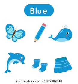 Blue color flashcard. Learning basic colors for preschoolers. Set of blue objects. 